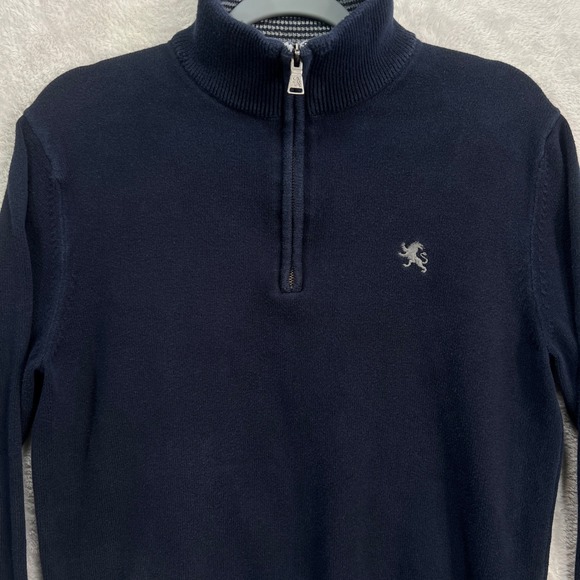 Express Mens M Navy Quarter Zip Pullover Sweater 100% Cotton Knit Lion Logo - Picture 2 of 12